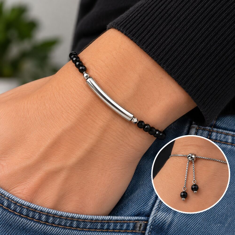 925 Sterling Silver Black Faceted Bead Bar Bolo Bracelet Adjustable Minimalist
